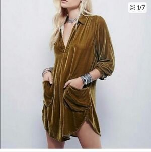 CP Shades L Silk Velvet Olive Green Tunic Dress